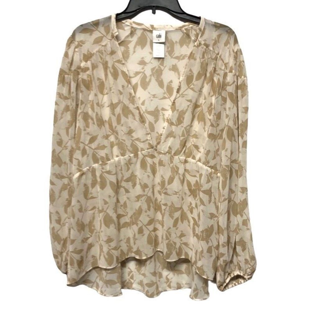 CAbi Cream and Tan Leaf Print Blouse